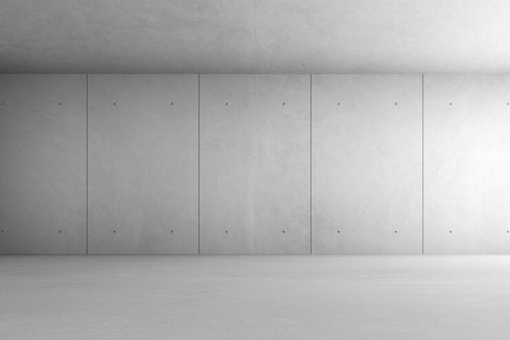 render della stanza di cemento vuota con ombra sul muro.