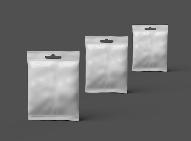 Render di un sacchetto ziplock riapertabile con un buco appeso su uno sfondo scuro