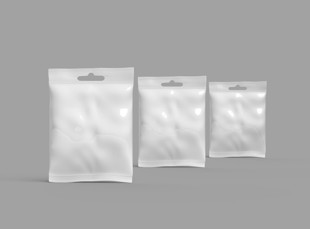 Render di un sacchetto ziplock richiudibile con un buco appeso su uno sfondo chiaro
