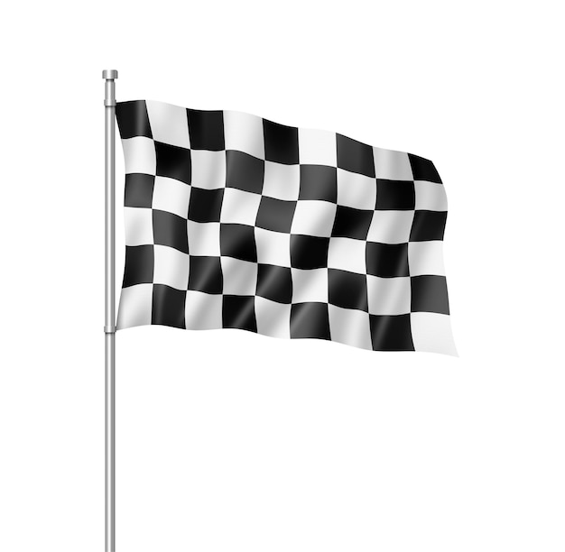 Render tridimensionale della bandiera a scacchi con finitura auto da corsa isolata su bianco
