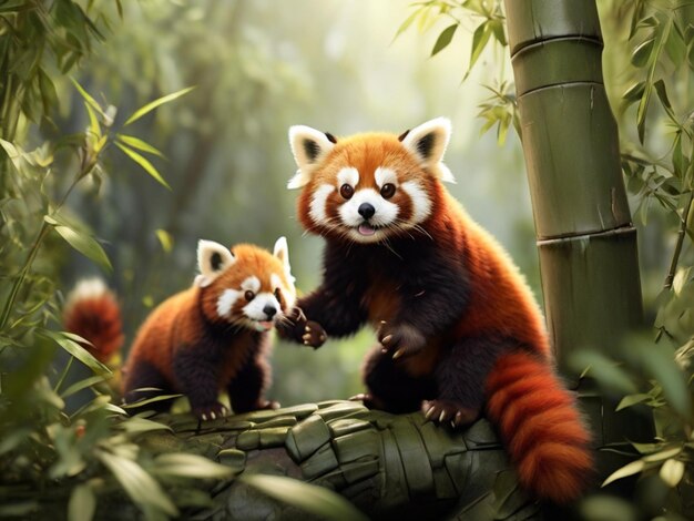 Render una giocosa famiglia di panda rossi che gioca in una lussureggiante foresta di bambù3