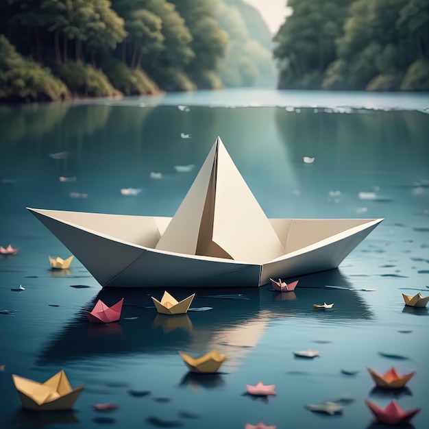 Rendering 3 d della barchetta di carta in autunno forestboat con nave di carta in mare rendering 3 d