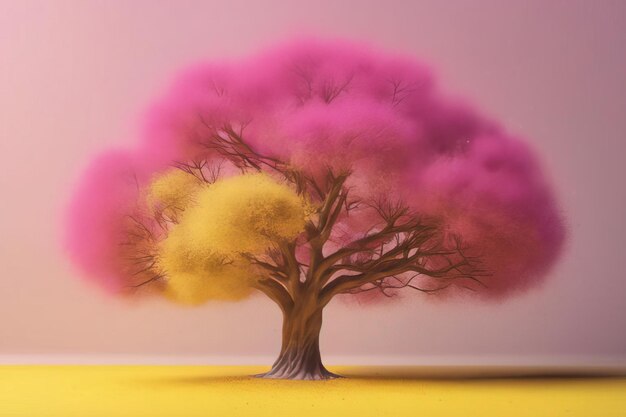 Rendering 3 d di un bellissimo albero su sfondo giallo