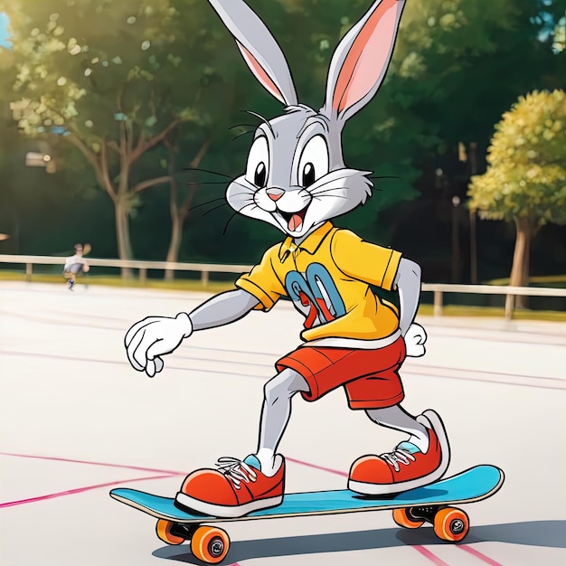 Rendering 3 d di un simpatico personaggio dei cartoni animati con uno skate in cittàillustrazione di un simpatico coniglio