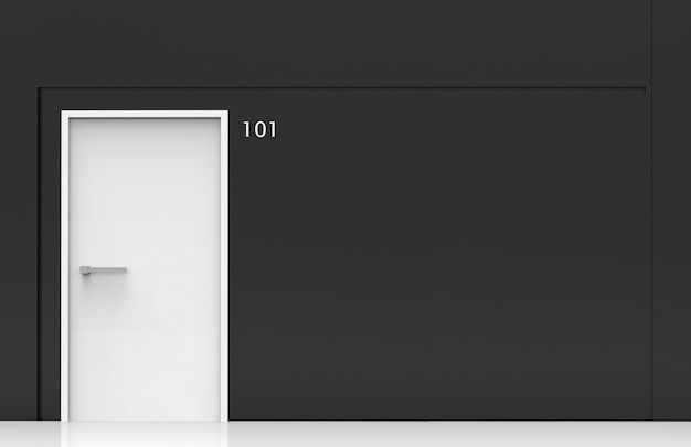 Rendering 3d. 101 numero di camera sulla porta bianca sul muro di cemento nero.