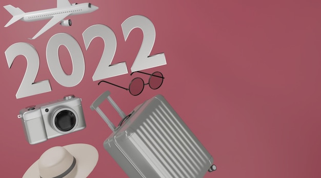 rendering 3d 2022 Concetto di viaggio valigia fotocamera cappello aereo e occhiali da sole su sfondo rosa