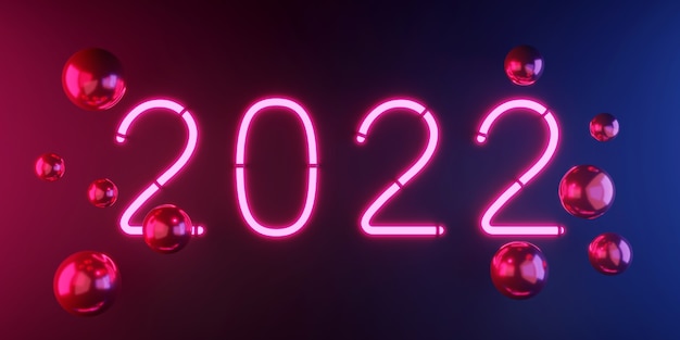 Rendering 3D 2022 luce al neon incandescente in una stanza buia Celebrazione del capodanno luce rosa e blu glow