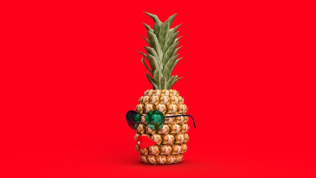 rendering 3d ananas estivo su sfondo rosso