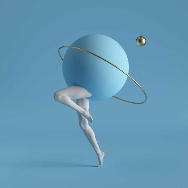 Rendering 3D, arte contemporanea surreale astratta. Anello dorato di forme geometriche primitive, palla, gambe danzanti bianche isolate su priorità bassa blu.