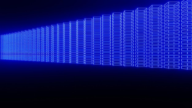 Rendering 3D astratto blu brillante, data center, hosting, internet, cyber background