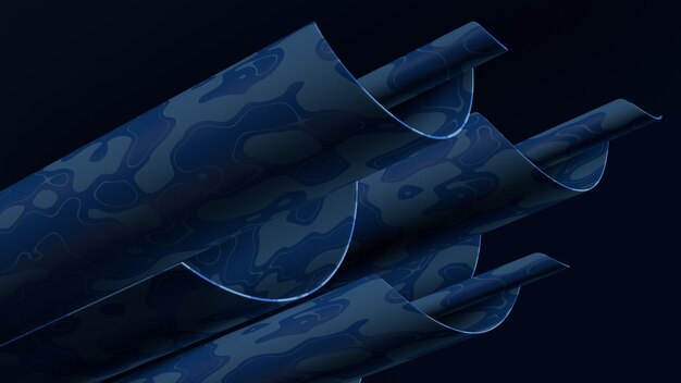 Rendering 3d astratto con geometria contorta. Forma curva di colore blu con texture.