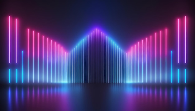 Rendering 3D astratto con linee al neon verticali in rosa e blu incandescente nello spettro ultravioletto che creano uno sfondo futuristico di spettacolo laser cyber space AI generativa