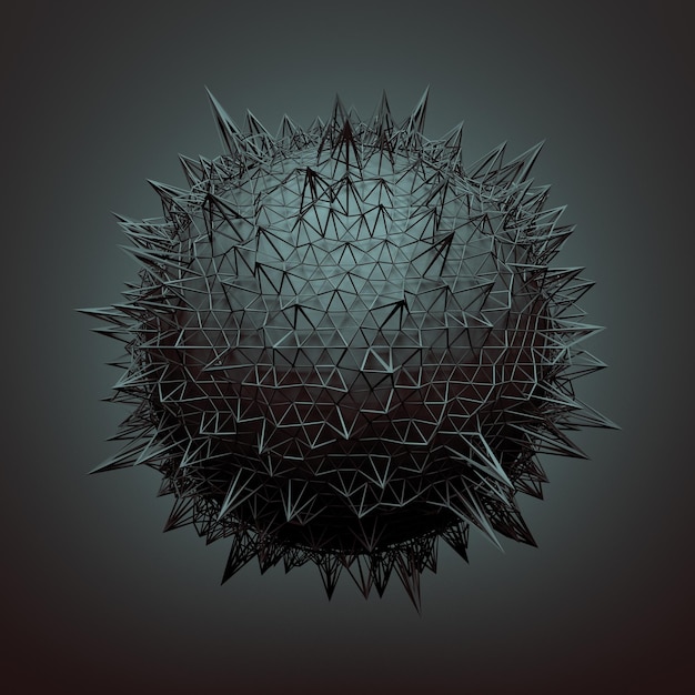 Rendering 3d astratto della sfera con struttura caotica Sfondo scuro con wireframe e globo in uno spazio vuoto Forma futuristica