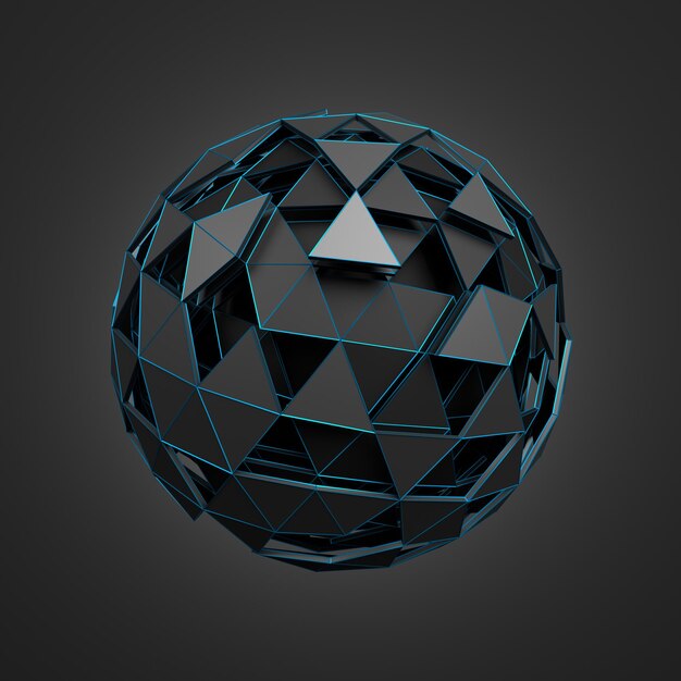 Rendering 3d astratto della sfera nera poli basso con struttura caotica Scifi background