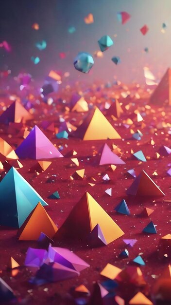 Rendering 3D astratto di forme poli basse caotiche che volano piramidi poligonali nello spazio vuoto futuristico