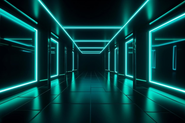 Rendering 3D astratto di uno sfondo verde neon e blu con una stanza buia vuota generata dall'intelligenza artificiale