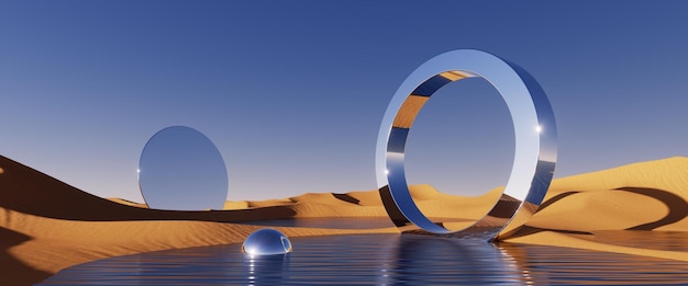 Rendering 3d astratto fantastico sfondo panoramico con forme geometriche a specchio rotondo tra le dune di sabbia del deserto Paesaggio sotto il cielo blu chiaro Carta da parati estetica minimale moderna
