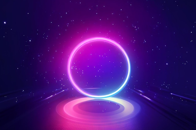 rendering 3D astratto sfondo cosmico paesaggio rotondo portale rosa blu neon luce realtà virtuale fonte energetica incandescente cornice rotonda spazio scuro spettro ultravioletto laser anello rocce terra