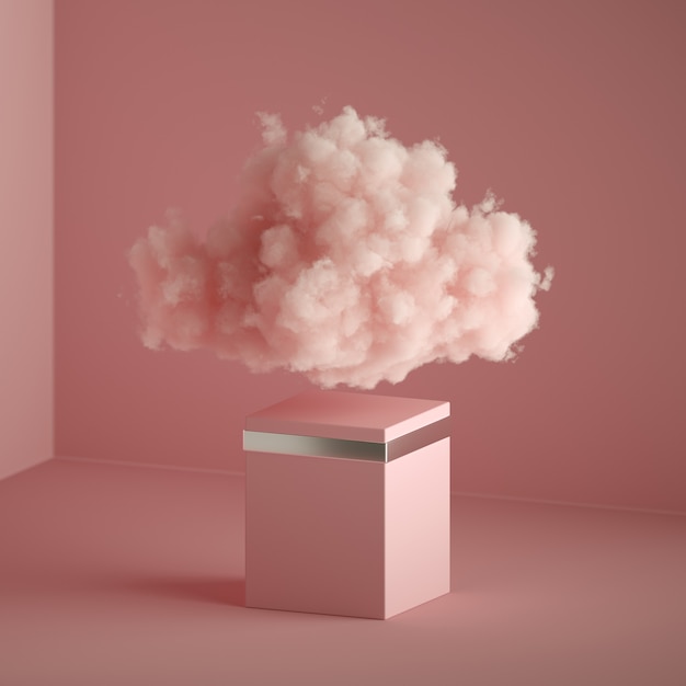 Rendering 3D, astratto sfondo fantasia rosa. Nuvola fluttuante sopra il piedistallo vuoto.