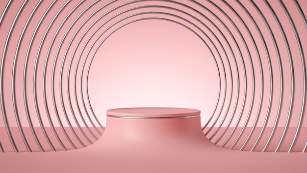 Rendering 3D, astratto sfondo rosa minimo, piedistallo cilindro vuoto con cornice art deco argento.