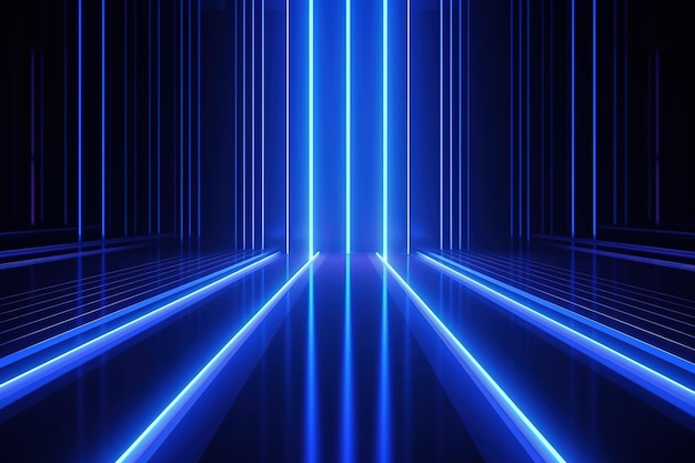 Rendering 3D astratto sullo sfondo blu al neon con linee verticali luminose