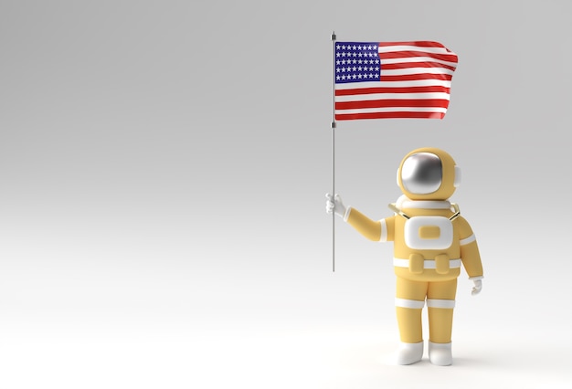 Rendering 3D Astronauta che tiene bandiera degli Stati Uniti. 4 luglio concetto di festa dell'indipendenza degli Stati Uniti.