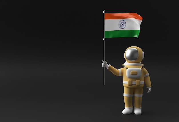 Rendering 3D Astronauta che tiene bandiera dell'India. Concetto di festa dell'indipendenza dell'India.