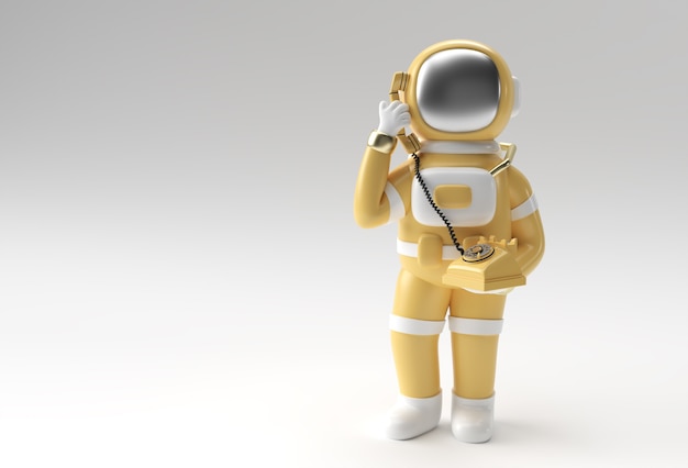 Rendering 3D Astronauta chiamando gesto con il vecchio telefono 3d illustrazione Design.