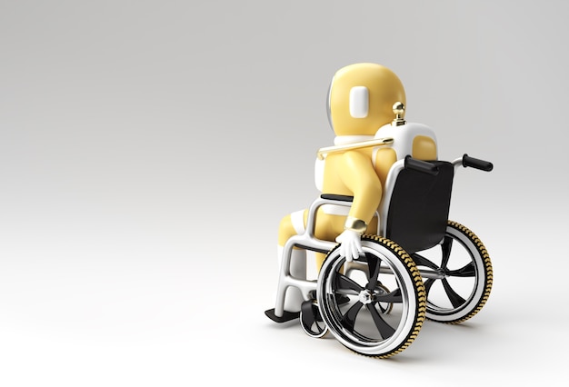 Rendering 3D Astronauta dell'astronauta che si siede sulla progettazione dell'illustrazione 3d della sedia a rotelle.