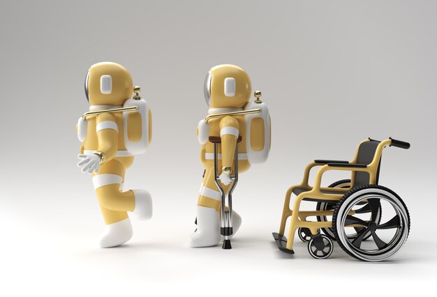 Rendering 3D Astronauta disabilitato utilizzando le stampelle per camminare con la progettazione dell'illustrazione 3D della sedia a rotelle.