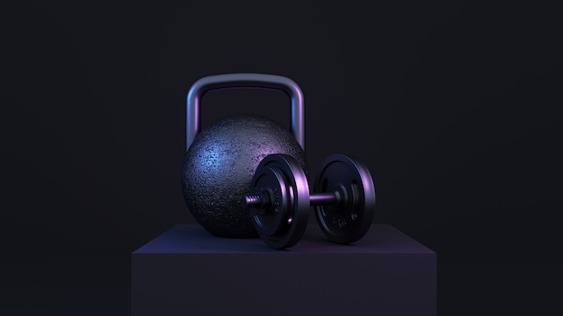 Rendering 3D. attrezzature per il fitness in ferro alla luce al neon