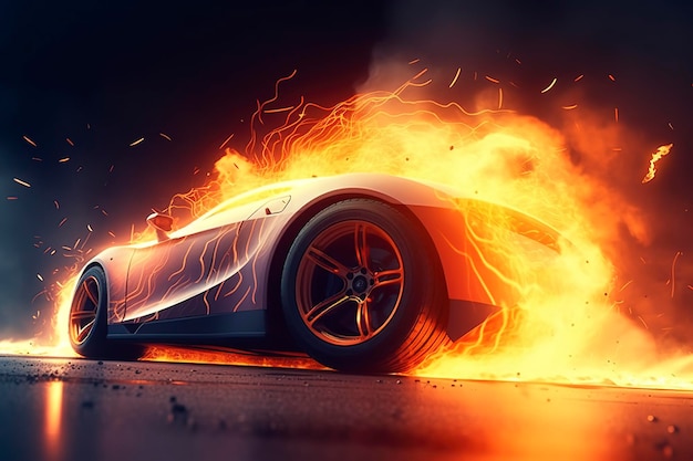 Rendering 3D Auto Sportive Corsa sulla pista di corsa con il fuoco che brucia Ruota dell'auto alla deriva Generative Ai