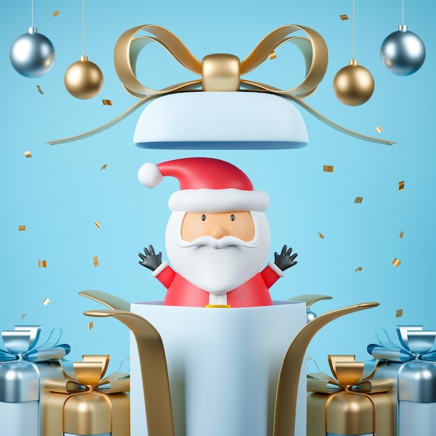 rendering 3d Babbo Natale in confezione regalo su sfondo azzurro.