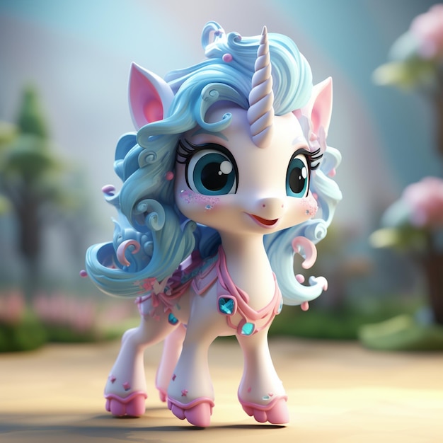 Rendering 3D baby unicorns nya aiot nello stile di gradienti colorati di design giocoso dei personaggi