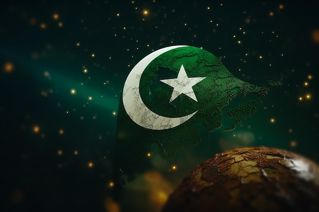 Rendering 3D Bandiera minimalista del Pakistan sfondo bokeh con simbolo islamico IA generativa