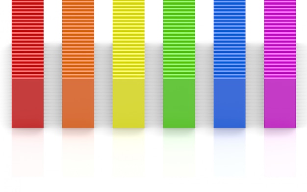 Rendering 3D. Barre del pannello di progettazione di colore dell&#39;arcobaleno LGBT sul fondo bianco della parete.