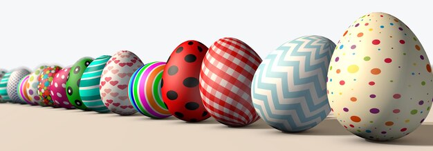 Rendering 3D Bella carta di Pasqua con uova di Pasqua colorate in fila
