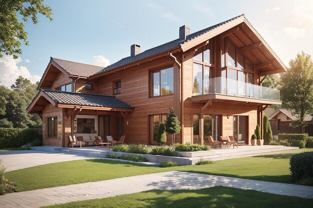 Rendering 3d bella casa in legno in stile moderno nel bellissimo villaggio