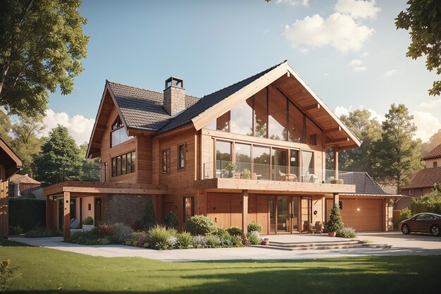 Rendering 3d bella casa in legno in stile moderno nel bellissimo villaggio