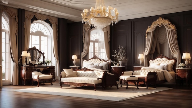 Rendering 3d bella suite da letto classica europea in legno scuro di lusso in hotel