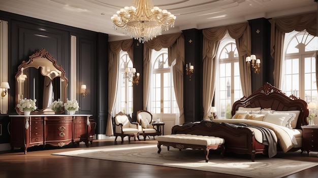 Rendering 3d bella suite da letto classica europea in legno scuro di lusso in hotel