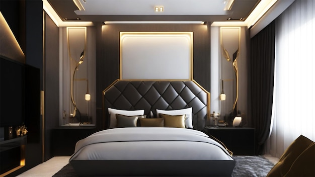 Rendering 3D bellissima suite da letto di lusso contemporanea in hotel con tv