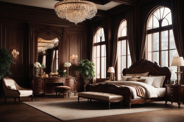 Rendering 3D bellissima suite di camera da letto classica europea in legno scuro di lusso in hotel