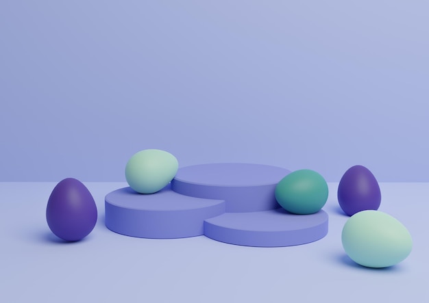 Rendering 3D blu del display del prodotto a tema pasquale composizione del supporto del podio uova colorate minime