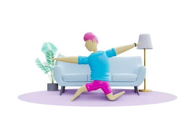 rendering 3d Brutto uomo che fa yoga a casa Ottiene il filo