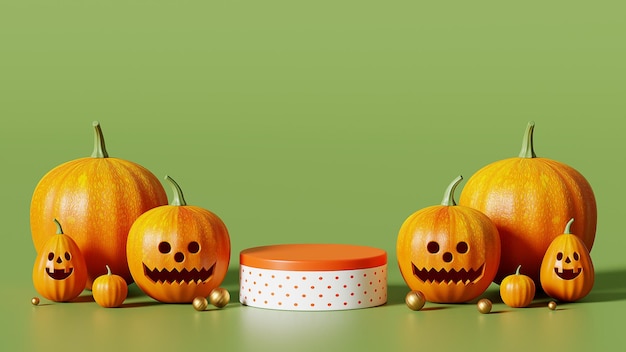 Rendering 3D Buon Halloween, zucca da podio su sfondo verde, 31 ottobre.