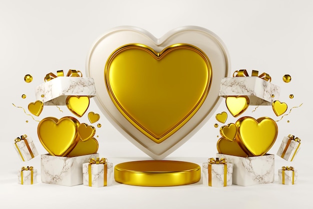 Rendering 3D Buon San Valentino Display podio, confezione regalo tridimensionale oggetto cuore d'oro su sfondo bianco, immagine orizzontale sfondo