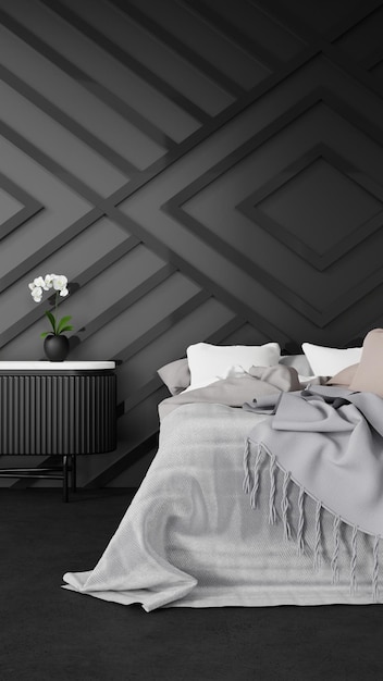 Rendering 3D Camera da letto moderna e scura con carta da parati geometrica nera