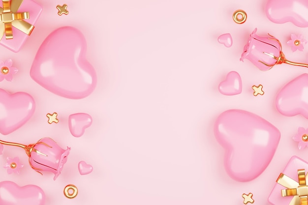 Rendering 3D carino rosa san valentino sfondo con amore e cuore