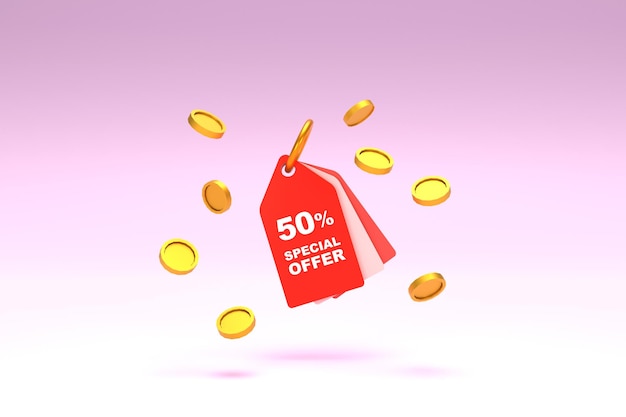 Rendering 3D Cartellino del prezzo con sconto del 50% e circondato da monete su sfondo rosa pastello Offerta speciale 50 Tag sconto Super offerta di vendita e best seller